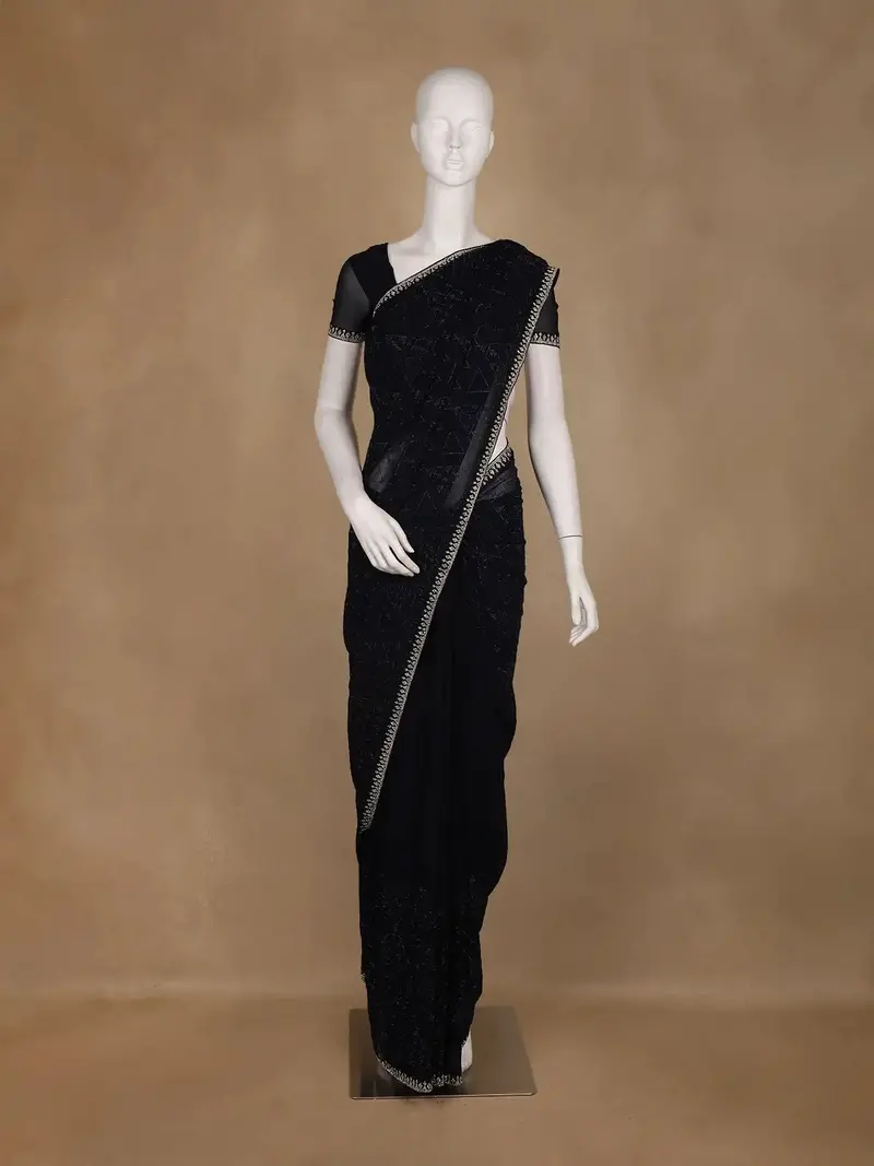 Black Geometric Designed Georgette Saree With Stone Work Border 1