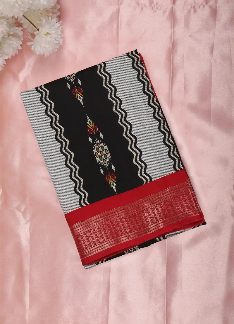 Black Geometric Ikat Woven Design Mixed Silk Cotton Saree With Contrast Border 1