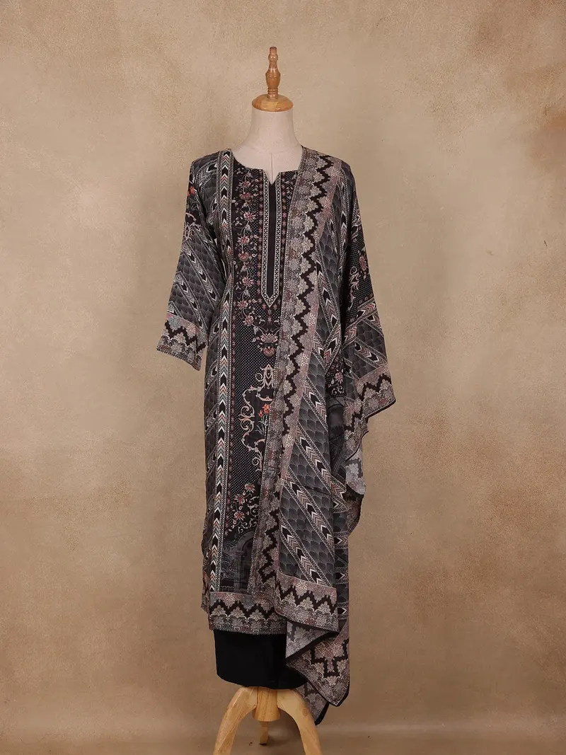 Black Geometric Printed Design Cotton Straight-Cut Salwar Suit 1