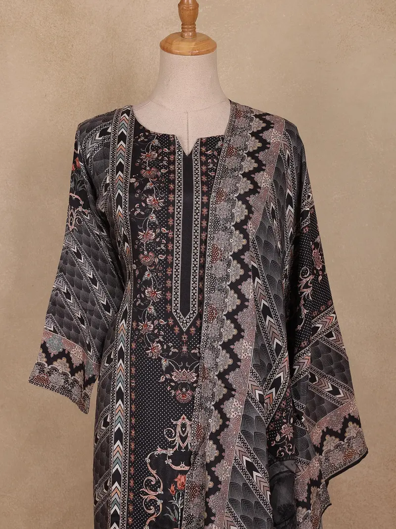Black Geometric Printed Design Cotton Straight-Cut Salwar Suit 2