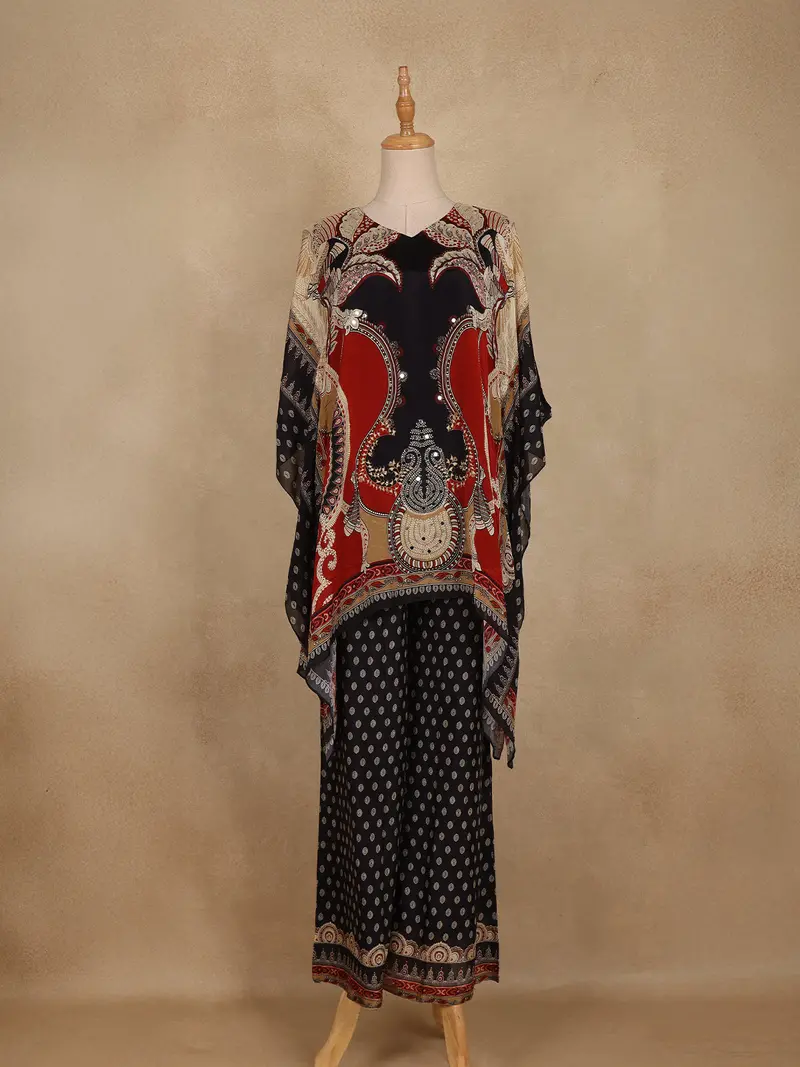 Black Geometric Printed Design Crepe Kaftan Suit 1