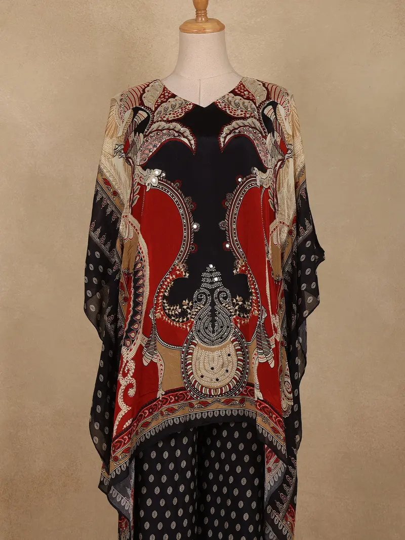 Black Geometric Printed Design Crepe Kaftan Suit 2