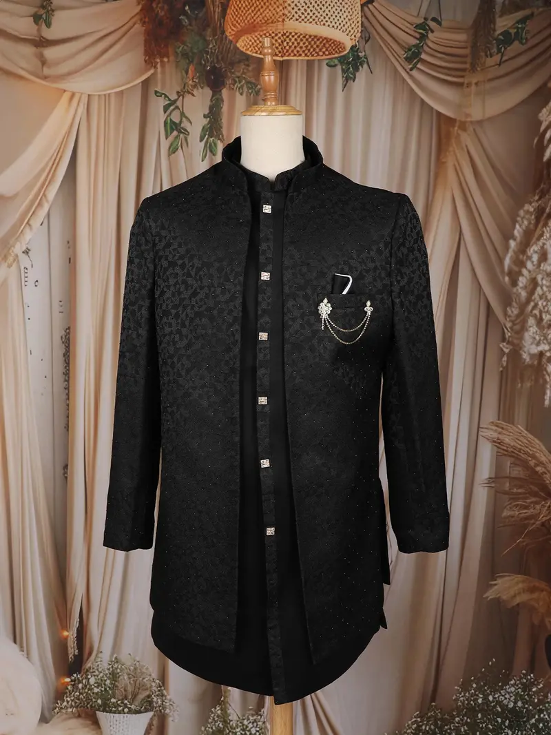Black Geometric Textured Embroidered Indo-Western Polyester Sherwani For Men 1