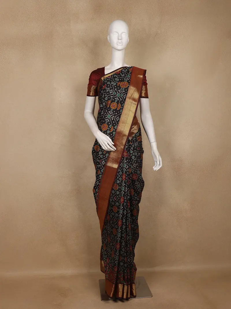 Black Geometric Woven Design Cotton Saree With Contrast Maroon Zari Border 1
