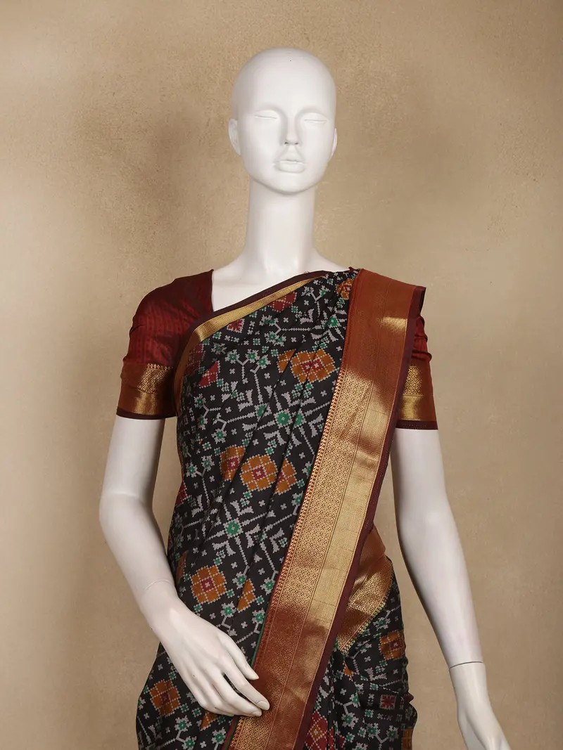 Black Geometric Woven Design Cotton Saree With Contrast Maroon Zari Border 2