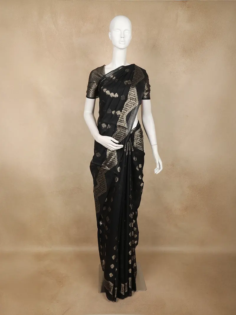 Black Gold Zari Butta Design Semi Banarasi Saree With Intricate Zari Border 1