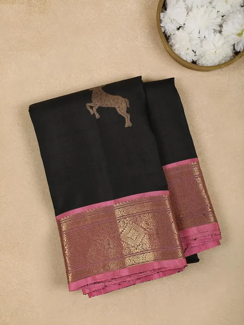Black Golden Deer Motif Pure Kanchipuram Silk Saree 1