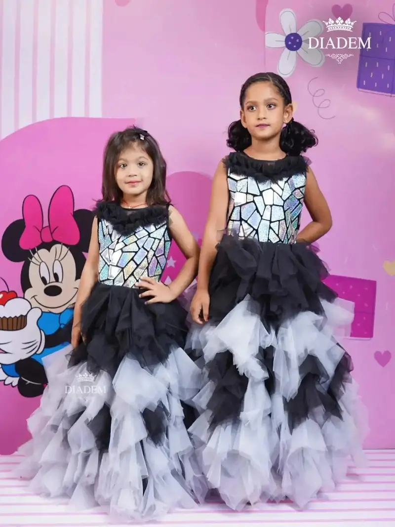 Black Gown With Ruffled Layer And Net Glitters 1