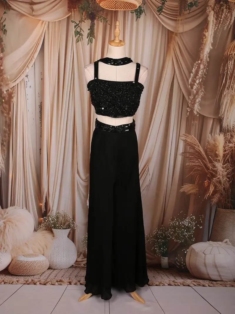 Black Heavy Sequins And Beads Embroidered Design Georgette Palazzo Suit With Dupatta 1