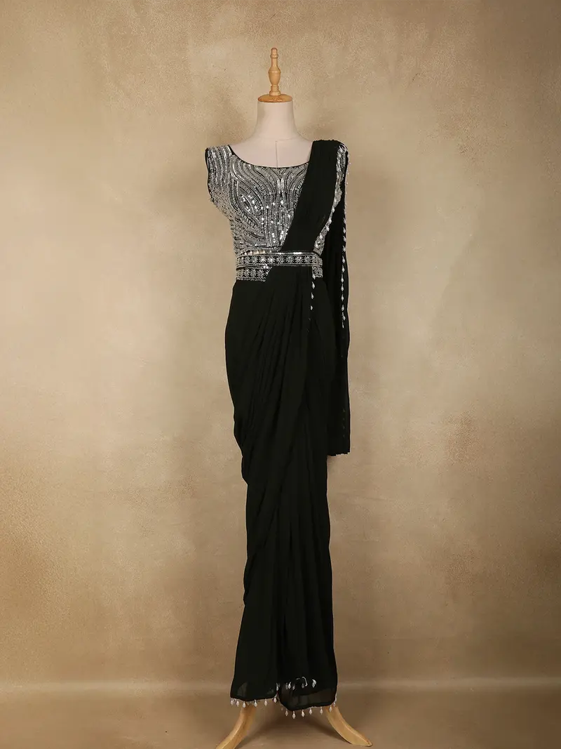 Black Heavy Sequins And Beads Embroidered Design Georgette Ready To Wear Saree With Belt 1