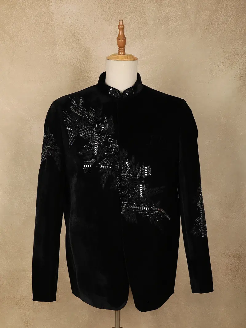 Black Heavy Sequins And Beads Embroidered Design Velvet Men’S Suit 1