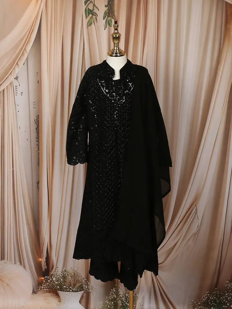 Black Heavy Sequins And Thread Embroidered Design Georgette Kids Palazzo Suit 1