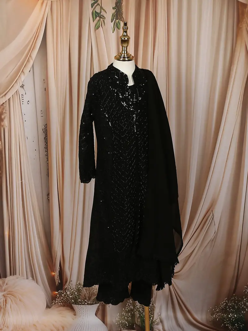 Black Heavy Sequins And Thread Embroidered Design Georgette Kids Palazzo Suit 4