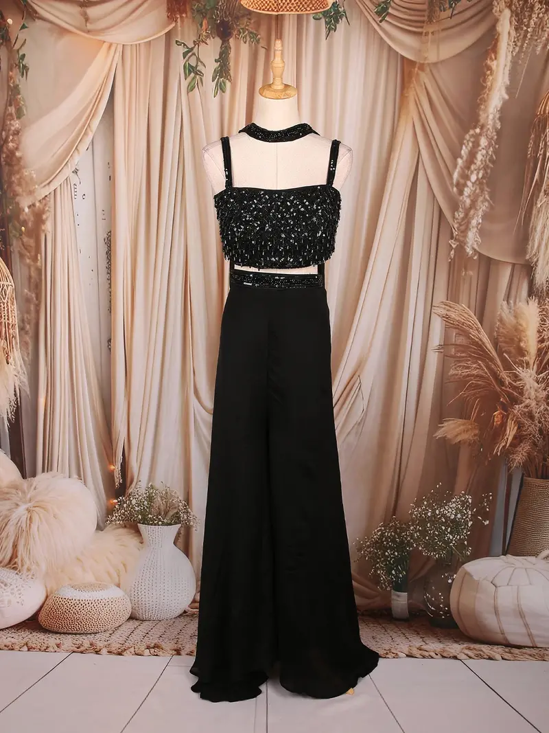 Black Heavy Sequins Embroidered Design Georgette Palazzo Suit With Dupatta 1
