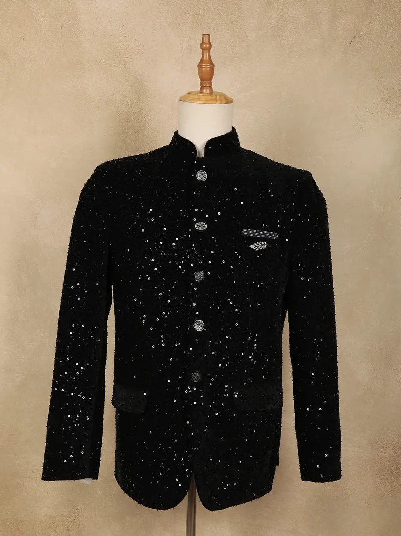 Black Heavy Sequins Embroidered Design Velvet Men’S Suit 1