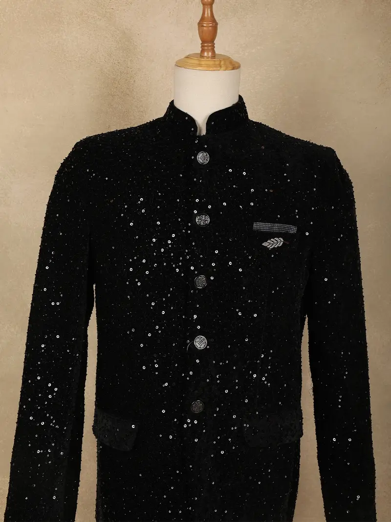 Black Heavy Sequins Embroidered Design Velvet Men’S Suit 2