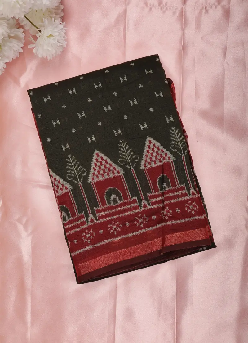 Black Ikat Design Mixed Cotton Saree With Contrast Maroon Border 1