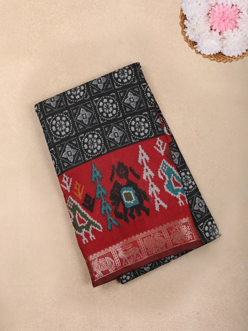 Black Ikat Printed Chanderi Cotton Saree With Zari Elephant And Peacock Border 1