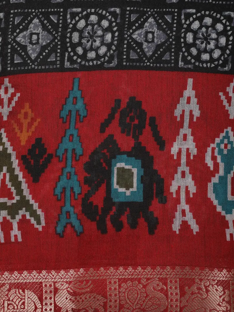 Black Ikat Printed Chanderi Cotton Saree With Zari Elephant And Peacock Border 2