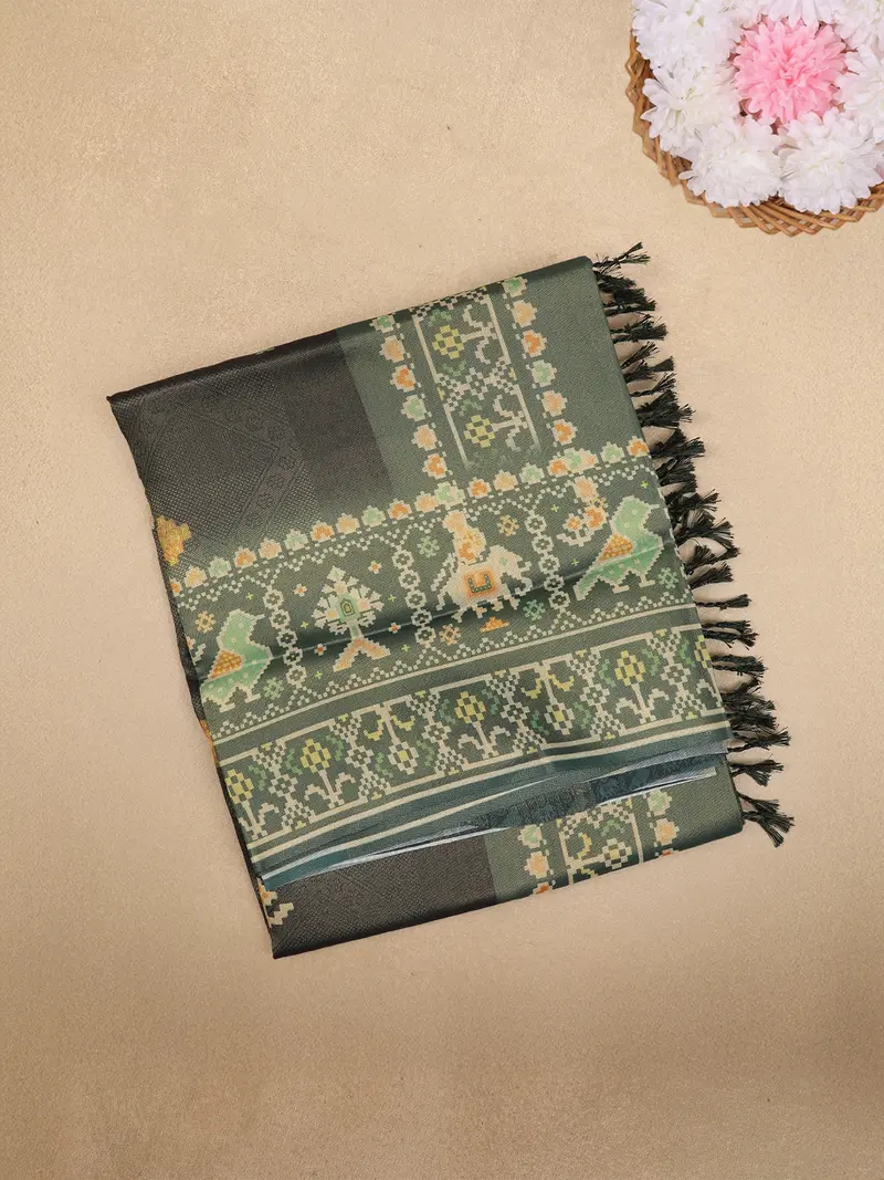 Black Ikat Woven Art Silk Saree With Contrast Green Border 1