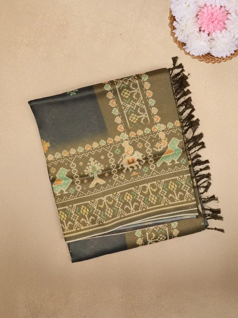 Black Ikat Woven Art Silk Saree With Contrast Olive Green Border 1