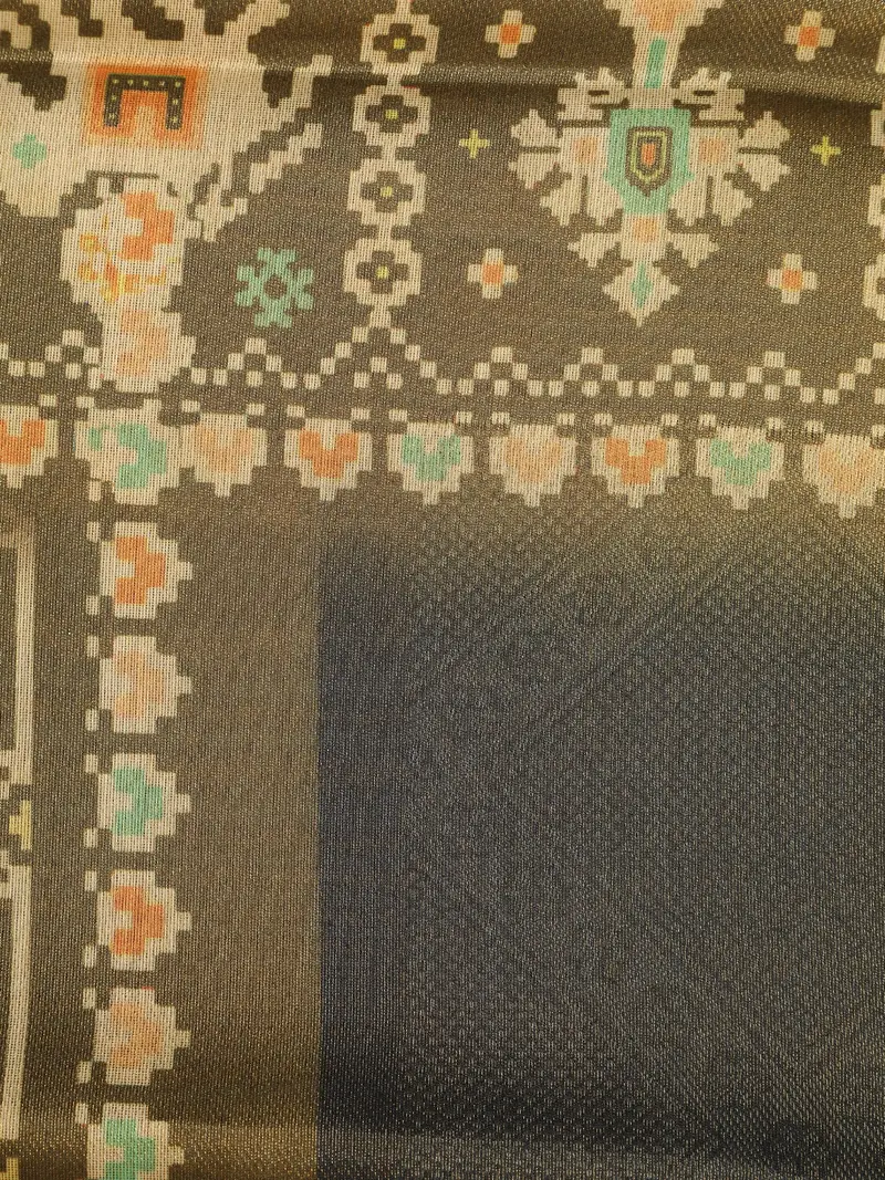 Black Ikat Woven Art Silk Saree With Contrast Olive Green Border 2
