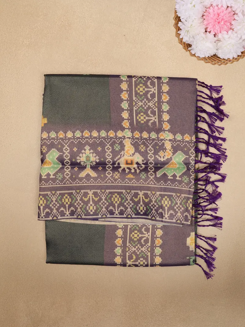 Black Ikat Woven Art Silk Saree With Contrast Purple Border 1