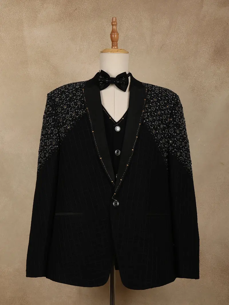 Black Intricate Black Beads Embroidered Design Brocade Men's Suit 1