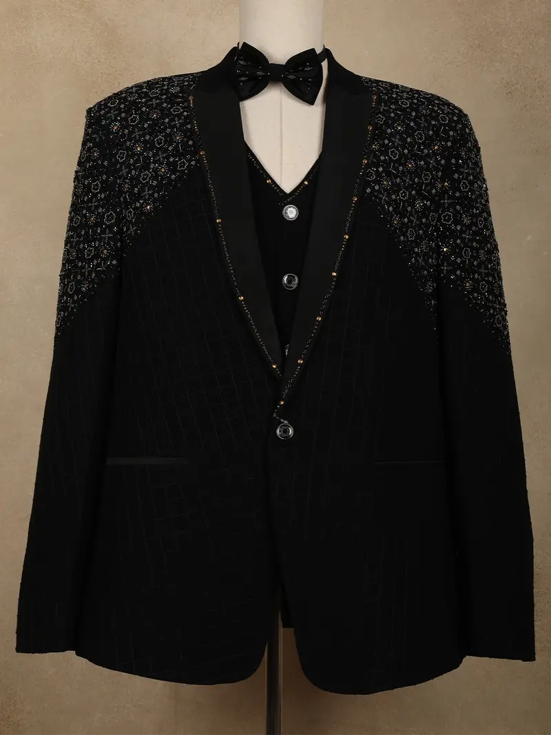 Black Intricate Black Beads Embroidered Design Brocade Men's Suit 2