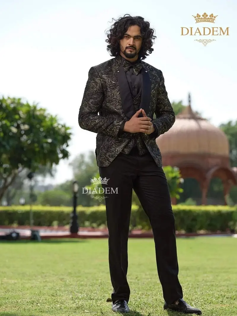 Black Jacquard 3-Piece Suit With Matching Blazer Coat 1
