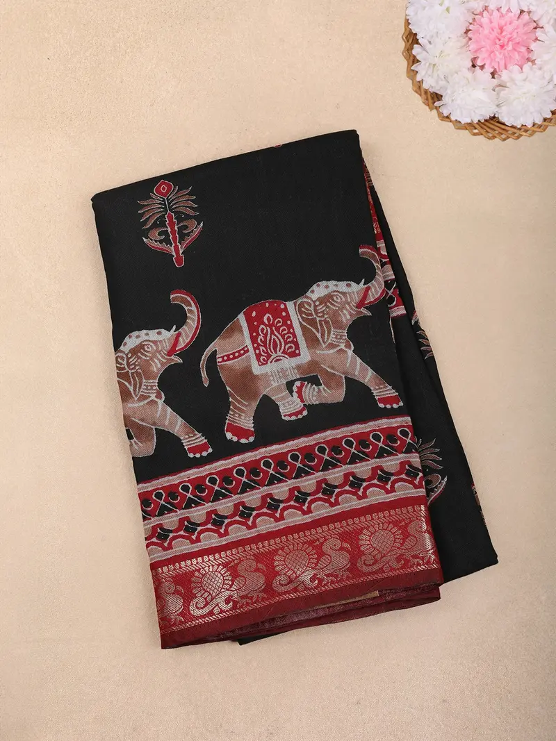Black Kalamkari Elephant Motif Printed Chanderi Cotton Saree With Maroon Zari Border 1