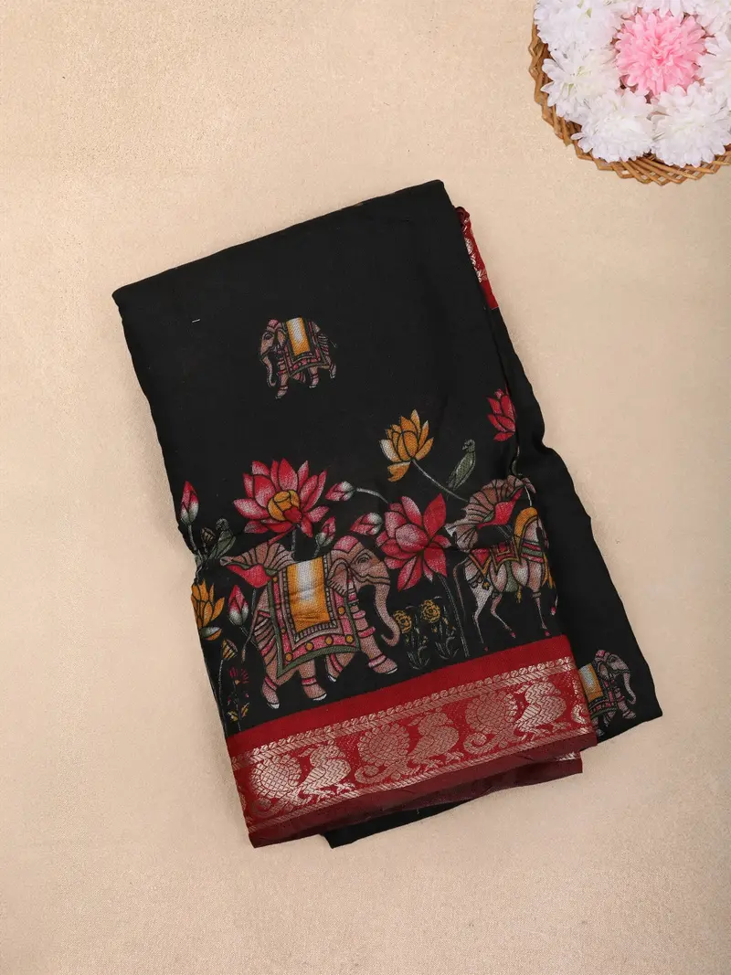 Black Kalamkari Lotus And Elephant Printed Chanderi Cotton Saree With Maroon Zari Border 1