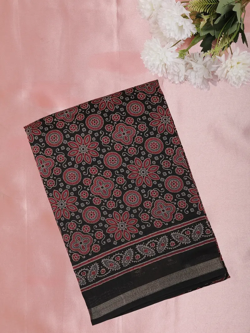 Black Kalamkari Printed Design Mixed Silk Cotton Saree With Contrast Border 1