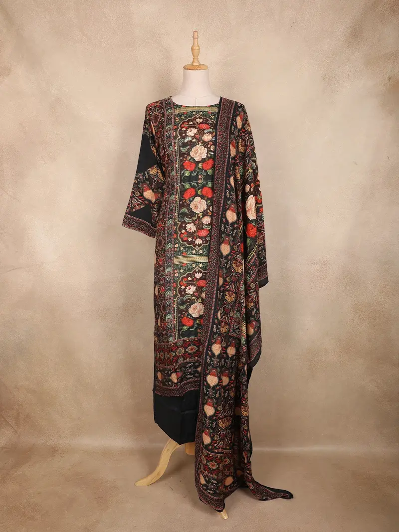 Black Kashmiri Floral Printed Design Crepe Straight Cut Salwar Suit With Dupatta 1