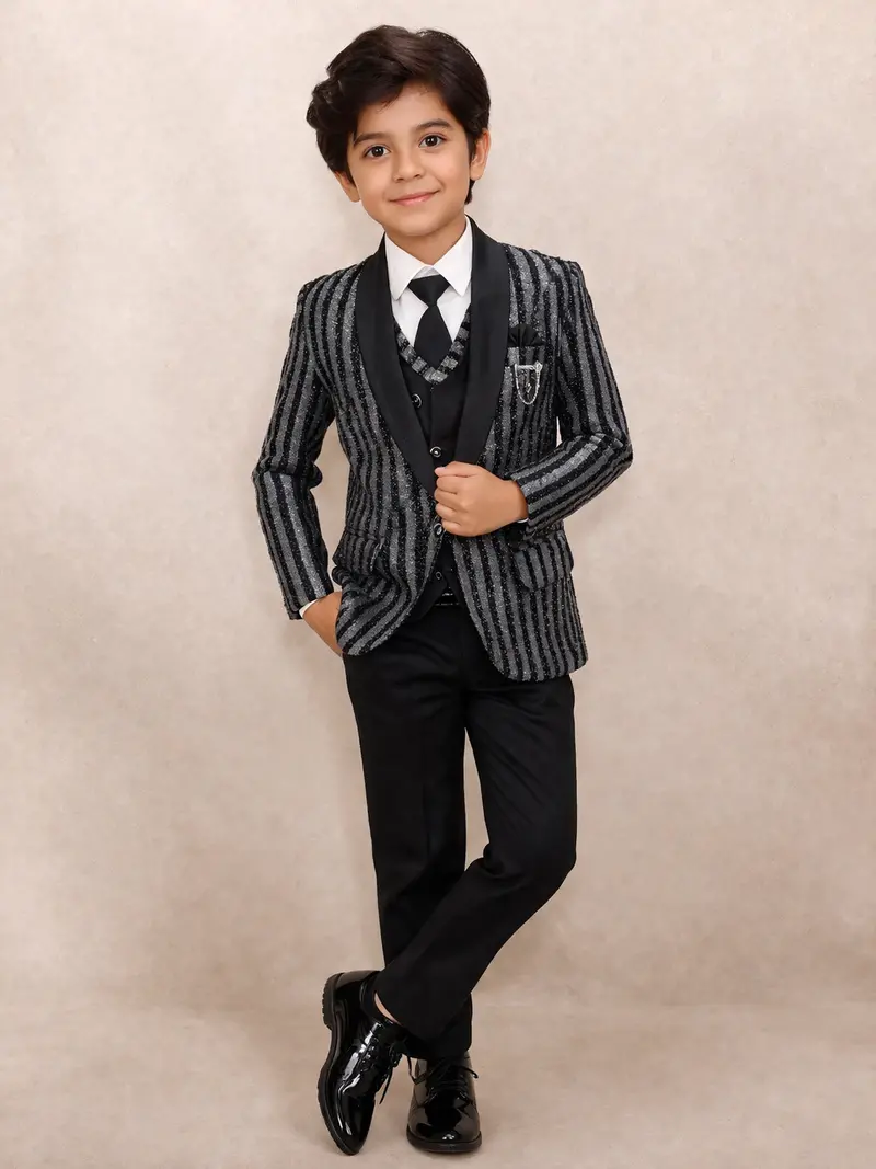 Black Kids Coat Suit Adorned With Glitters And Stripes Design With Tie 1