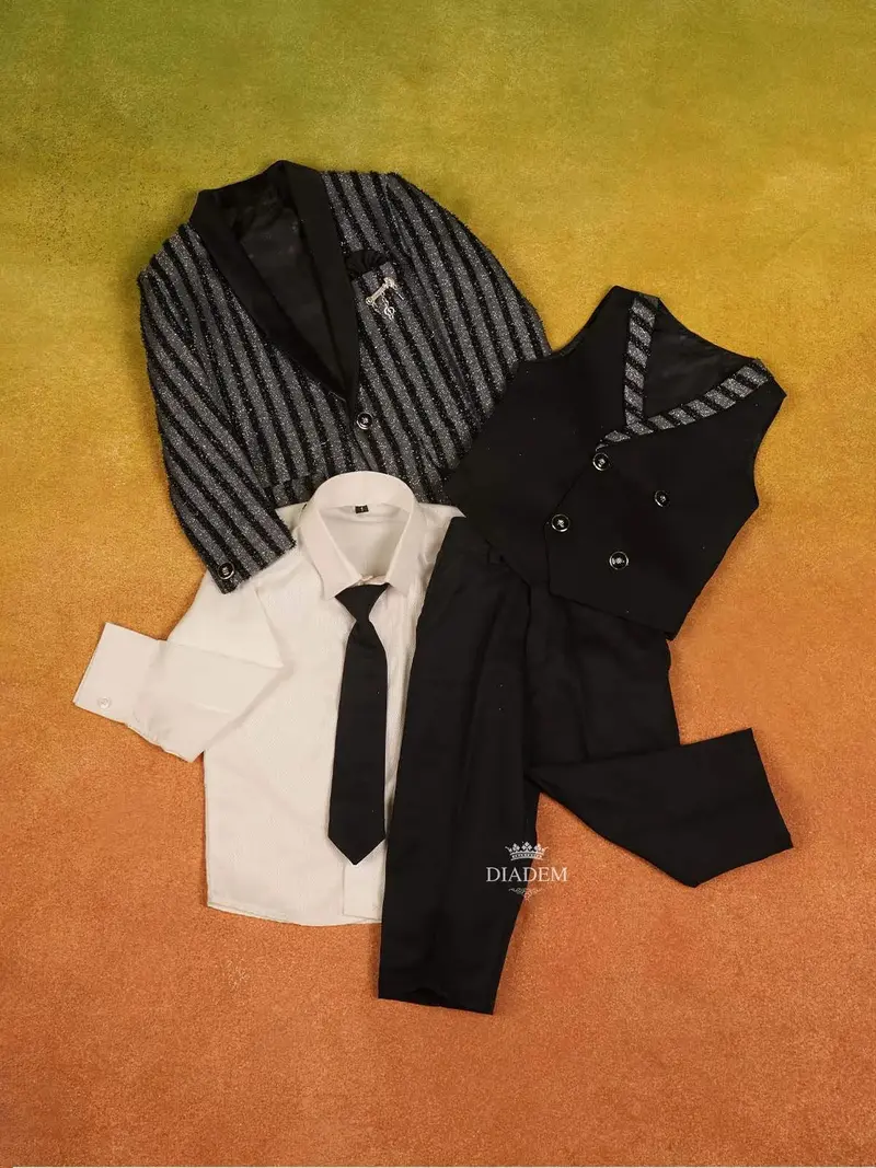 Black Kids Coat Suit Adorned With Glitters And Stripes Design With Tie 1