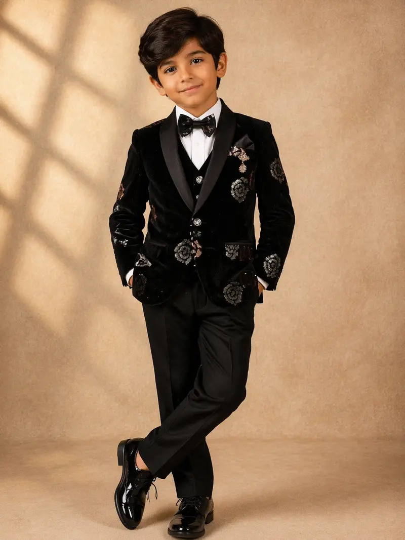 Black Kids Coat Suit Adorned With Sequins Floral Design Attached With Bow 1