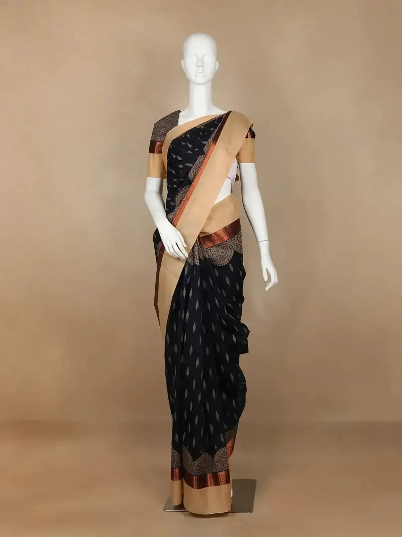 Black Leaf Designed Cotton Fancy Saree 1