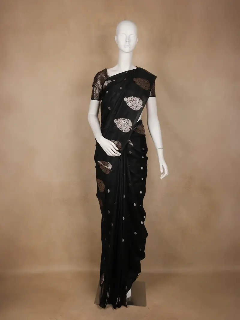 Black Leaf Motif Woven Banarasi Silk Saree 1