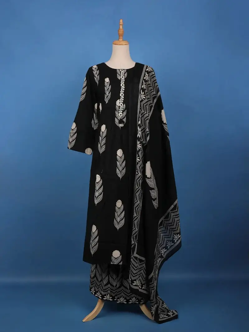 Black Leaf Printed Cotton Salwar Suit Set 1