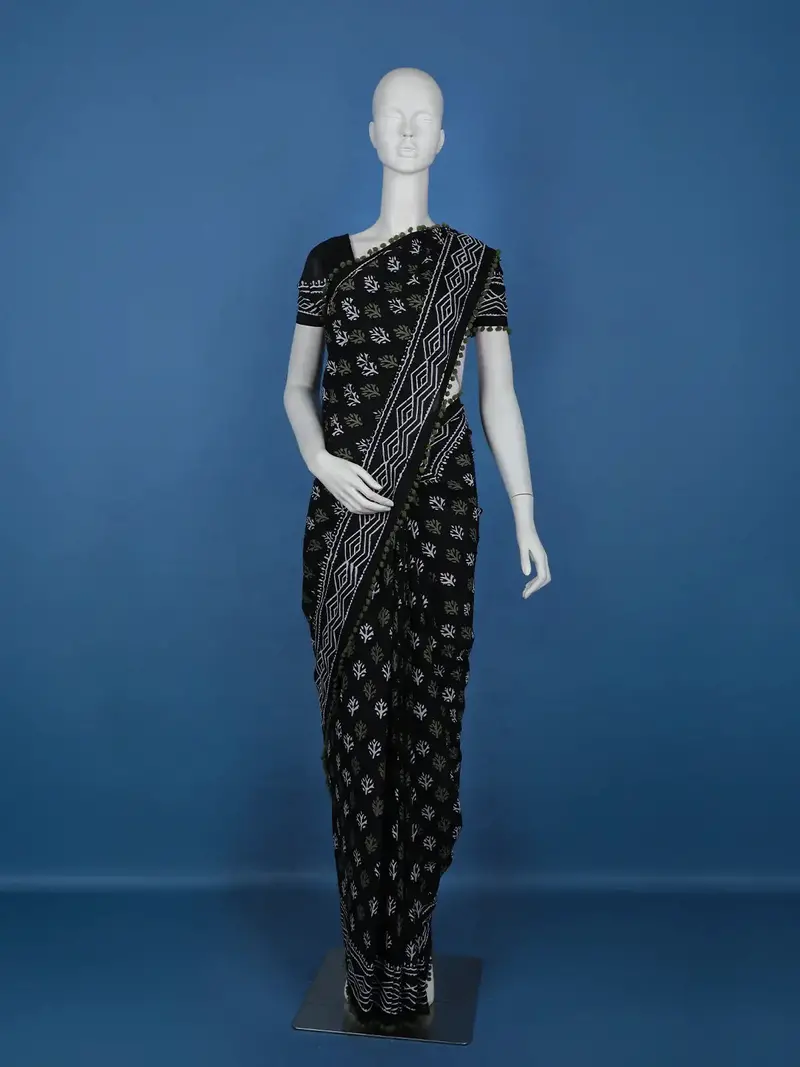 Black Leaf Printed Cotton Saree 1