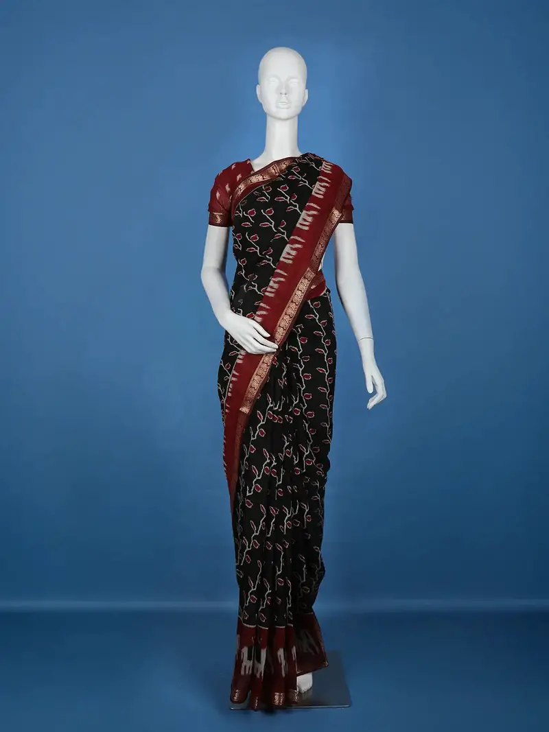 Black Leaf Printed Cotton Saree 1