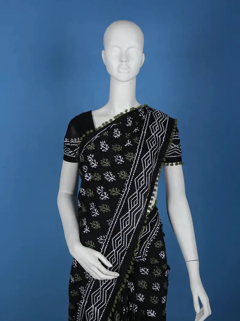 Black Leaf Printed Cotton Saree 2