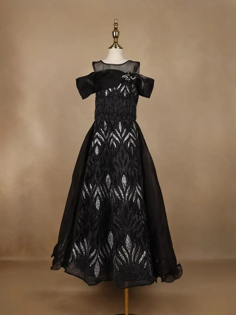 Black Leaf Sequins Design Party Wear Gown For Girls 1