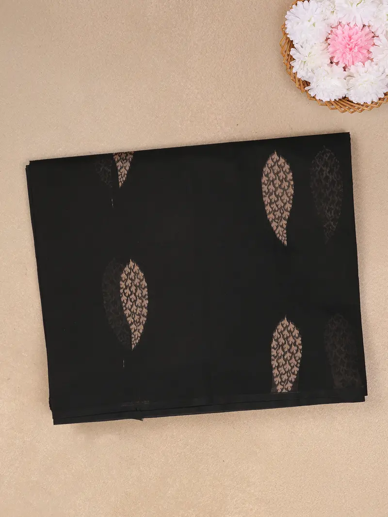 Black Leaf Woven Design Cotton Saree With Self Border 1