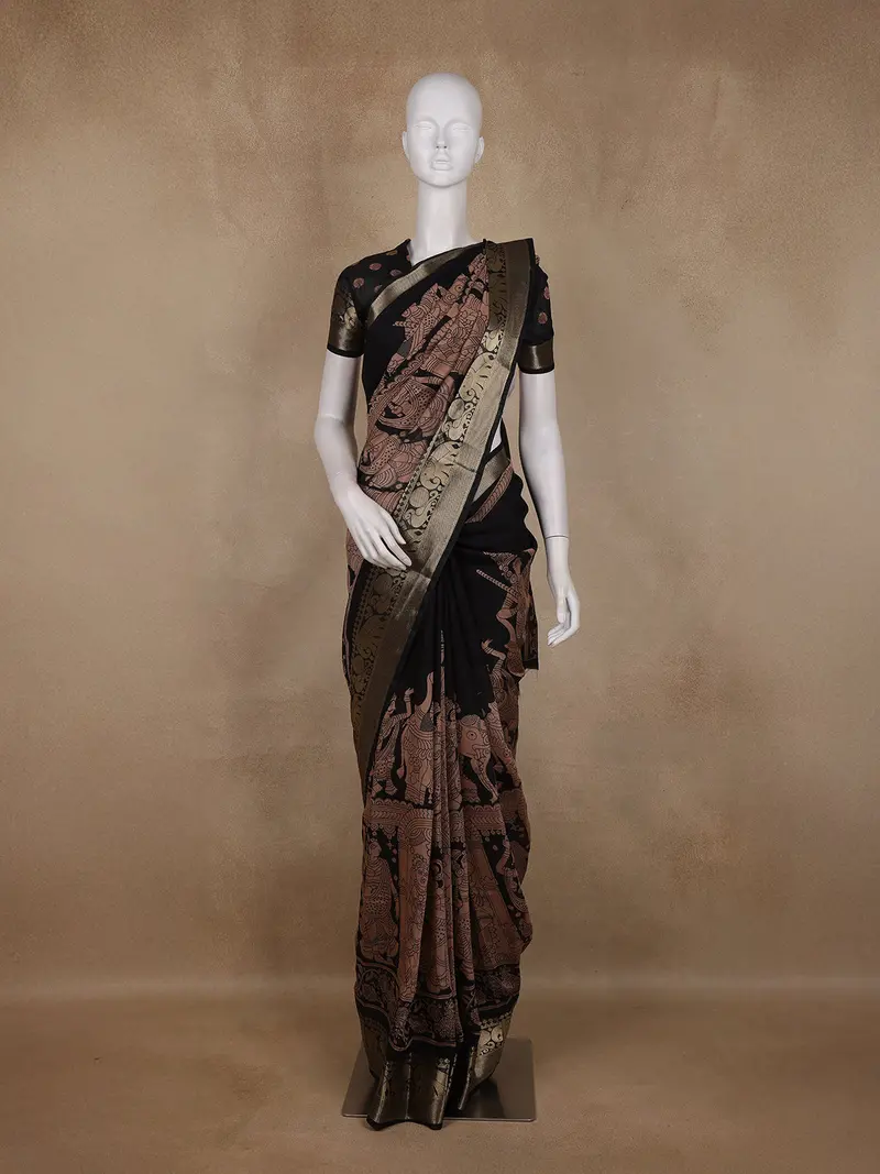 Black Madhubani Printed Chanderi Cotton Saree With Zari Border 1