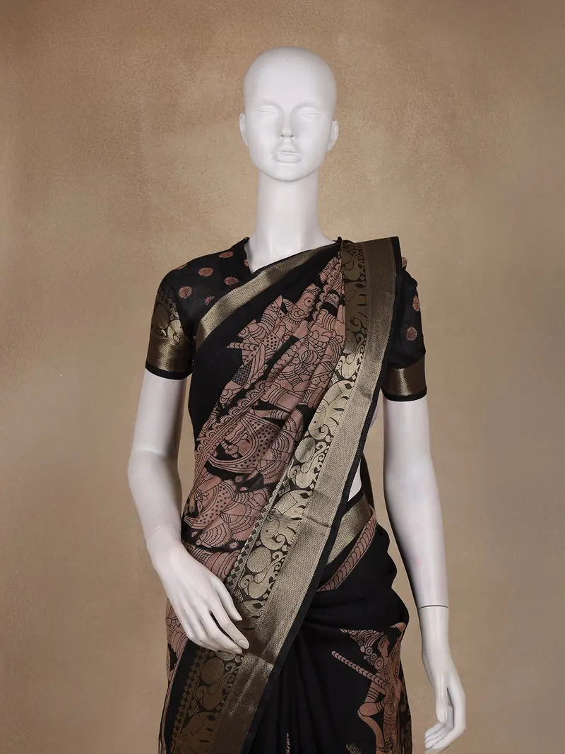 Black Madhubani Printed Chanderi Cotton Saree With Zari Border 2