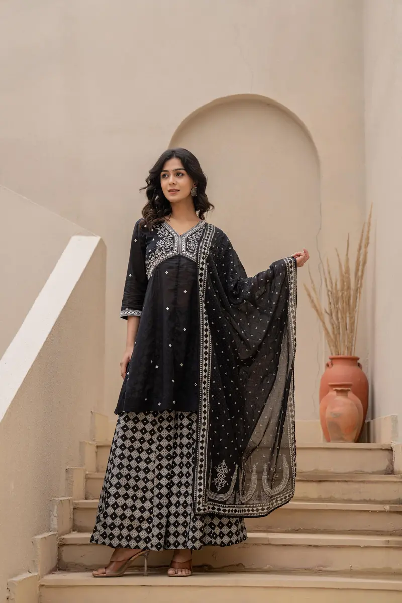 Black Mirror Work Embroidered Cotton Palazzo And Dupatta Set 1