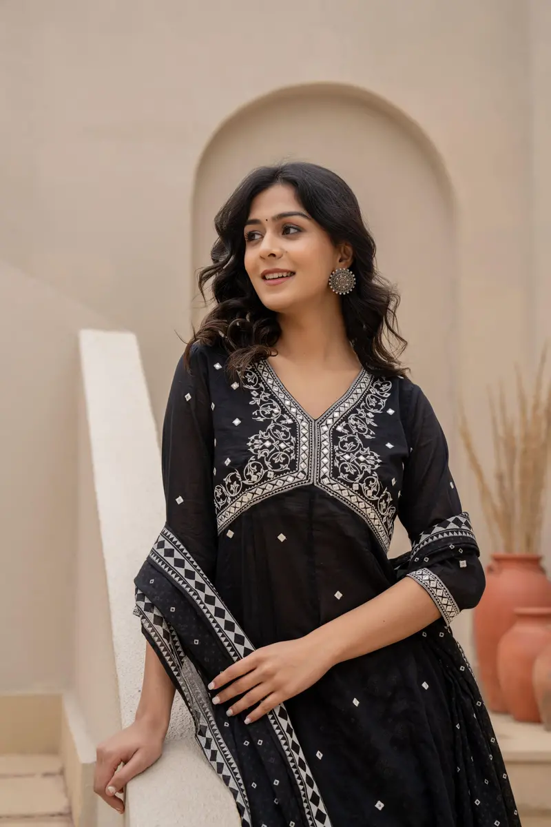 Black Mirror Work Embroidered Cotton Palazzo And Dupatta Set 2