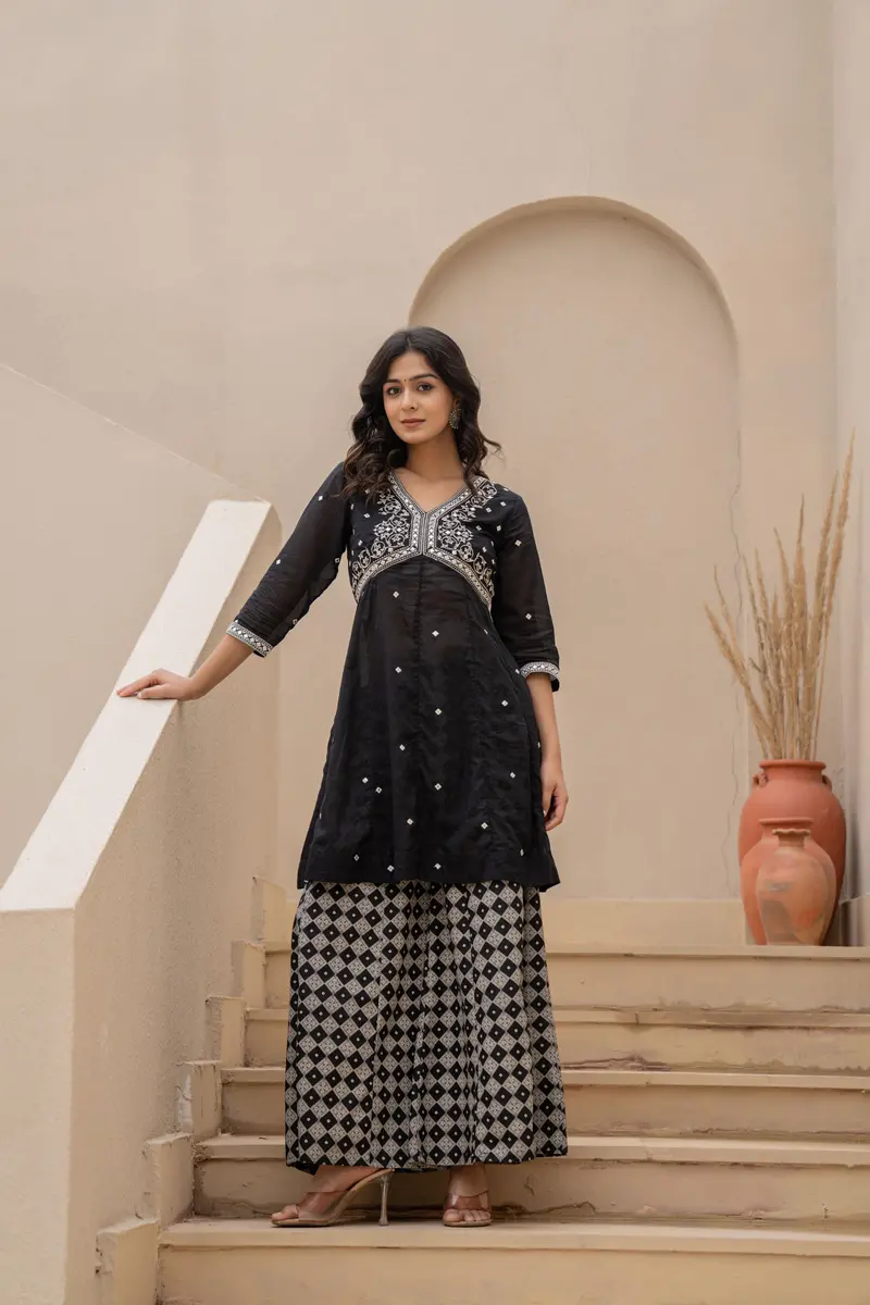 Black Mirror Work Embroidered Cotton Palazzo And Dupatta Set 3
